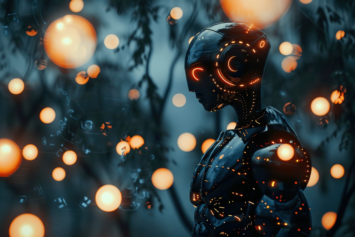 A humanoid robot with glowing lights in a dark setting.