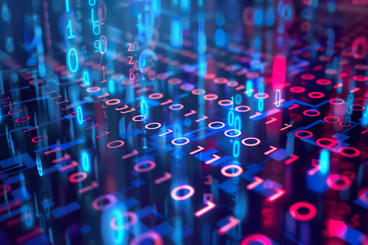 Abstract digital binary code with blue and red numbers