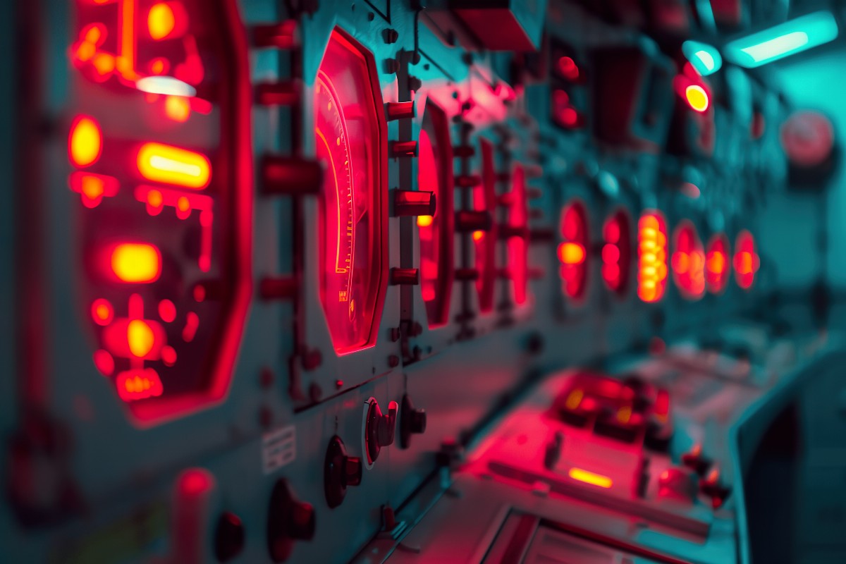 Control room with red illuminated panels and dials
