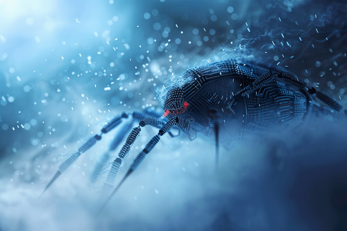 Digital spider with red eyes in a digital setting