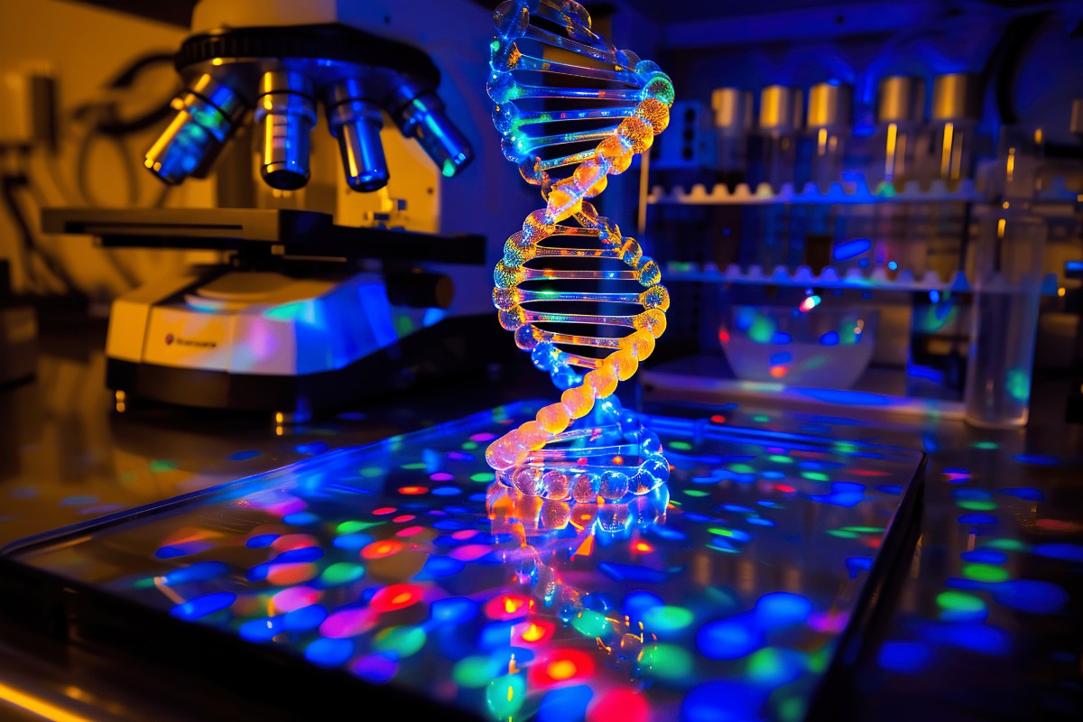 Colorful DNA helix model with microscope and lights