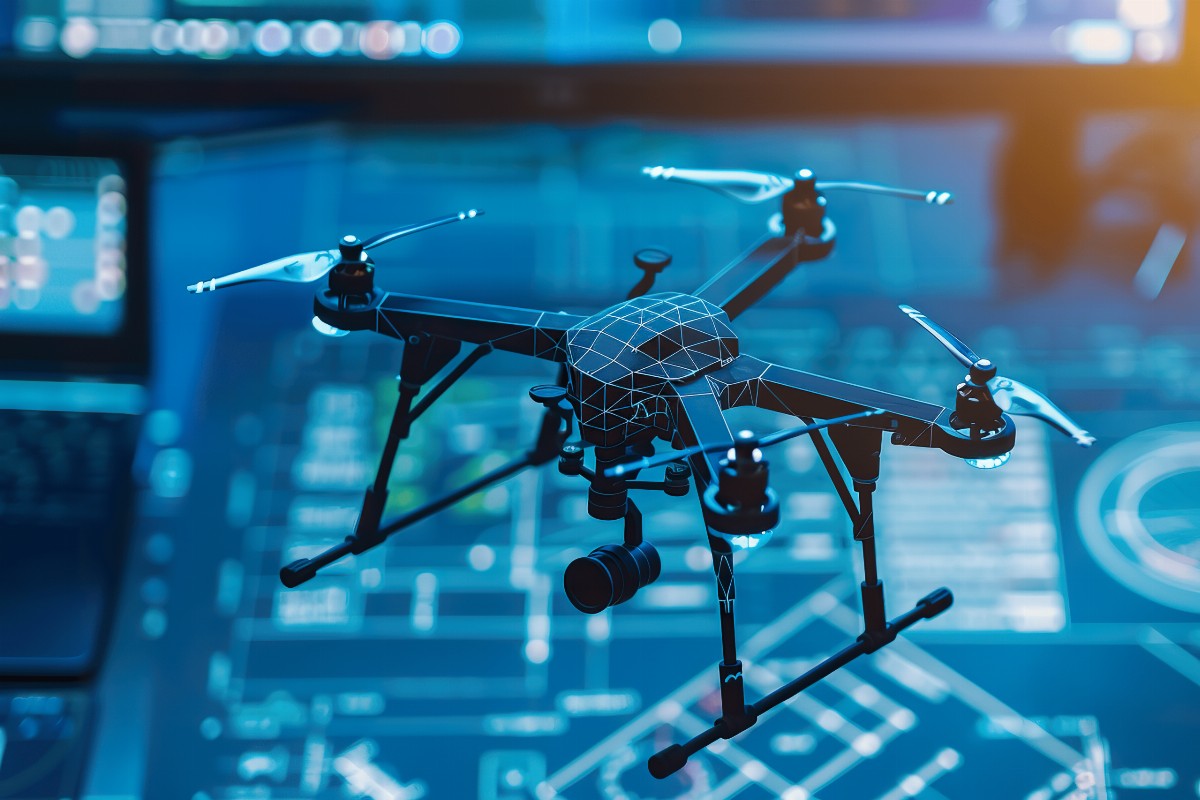 Drone hovering over digital blueprints