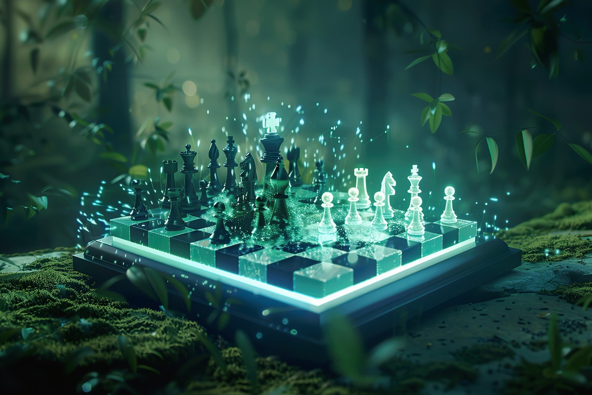 Digital chessboard with glowing pieces in a forest