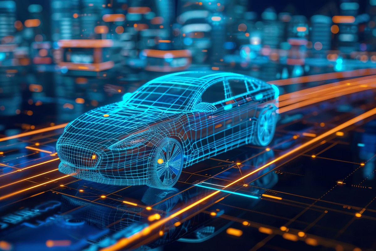 Wireframe model of a car with digital city background.