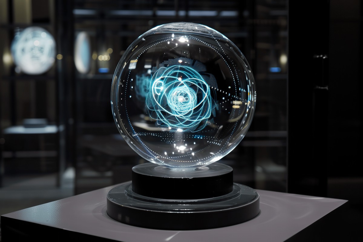 Glass sphere with blue holographic display