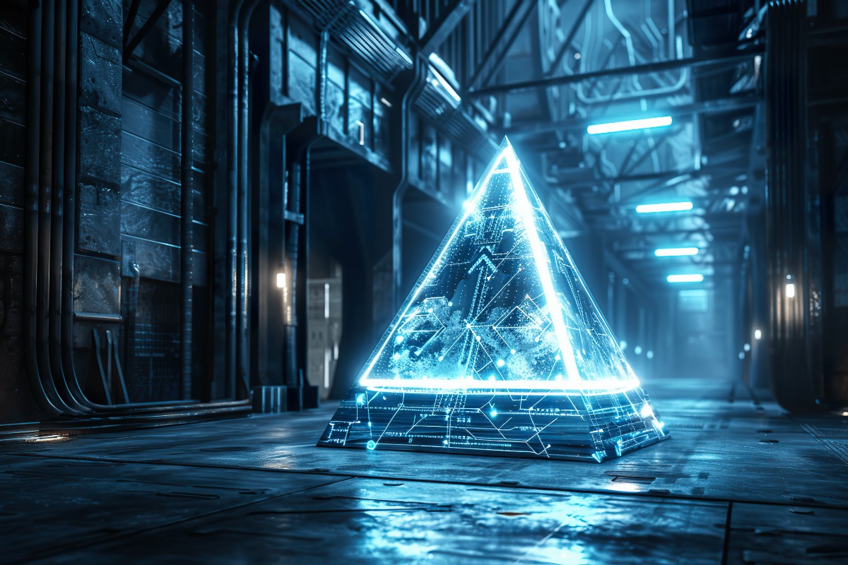 Glowing pyramid with digital patterns in industrial setting
