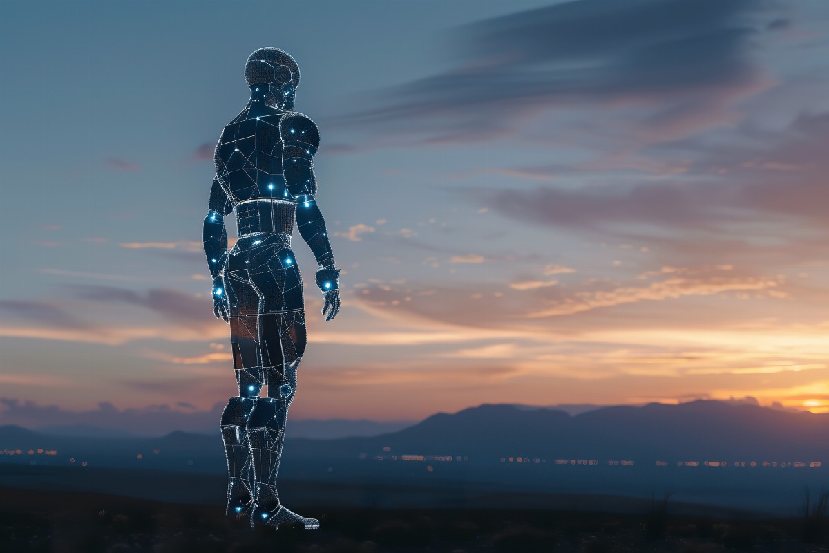 Silhouette of a robot with glowing lights at sunset