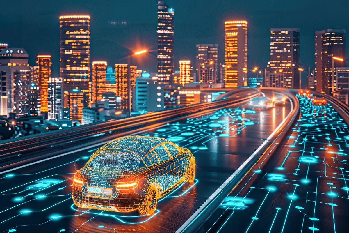 Digital car on illuminated highway with cityscape