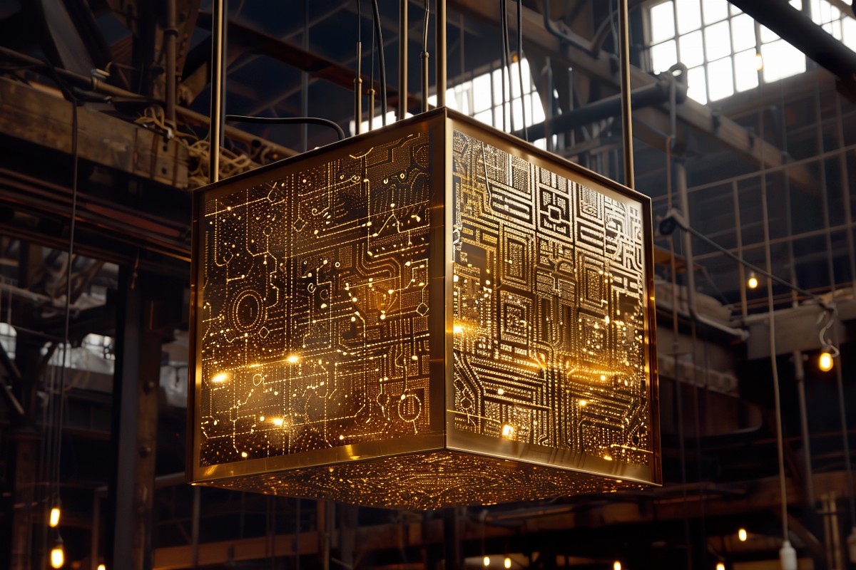 Close-up of a cube-shaped light fixture with circuit patterns