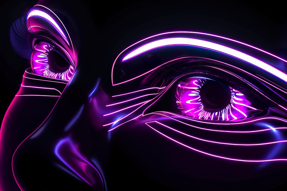 Close-up of a neon eye with glowing lines