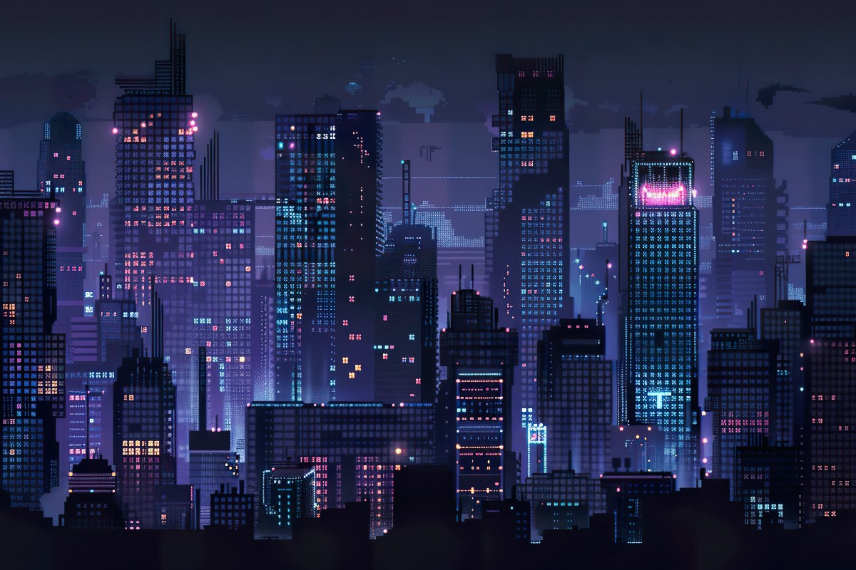 Pixel art cityscape with neon-lit skyscrapers at night
