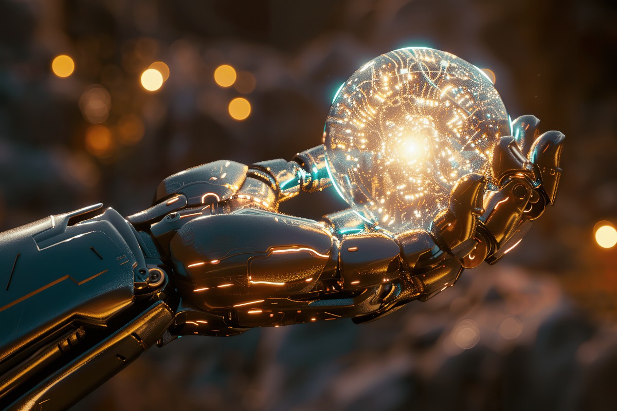 Robotic hand holding a glowing sphere