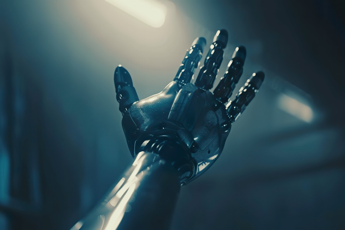 Close-up of a robotic hand reaching upward