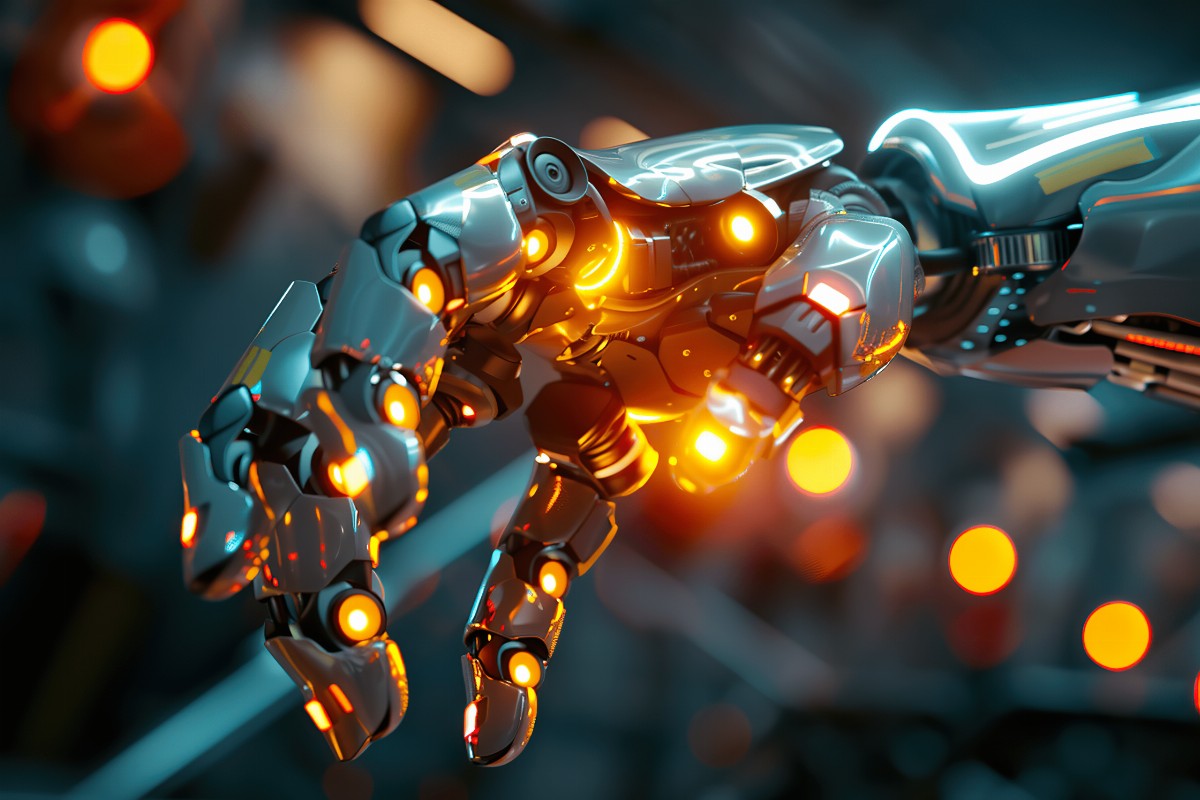 Close-up of a robotic hand with glowing lights