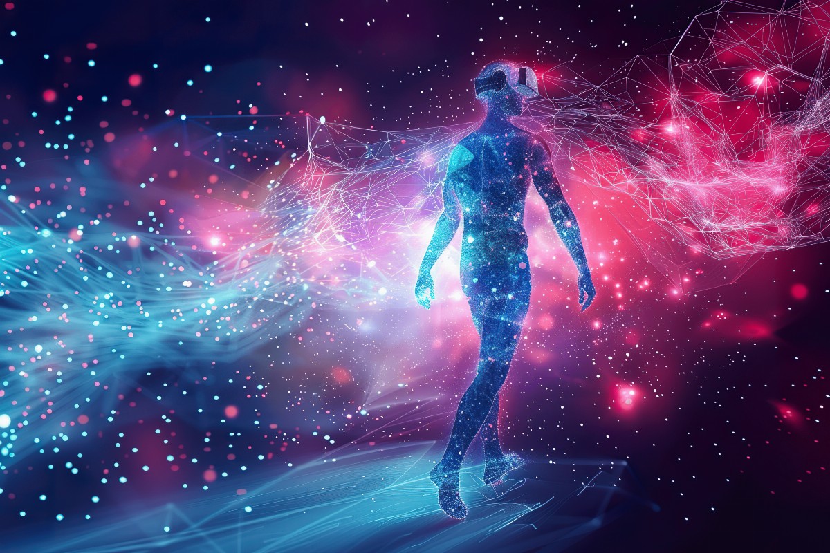 Silhouette of person wearing VR headset with digital particles
